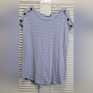 Star Vixen Women Plus 2X Blue White Striped Button Boat Neck Short Sleeve Top